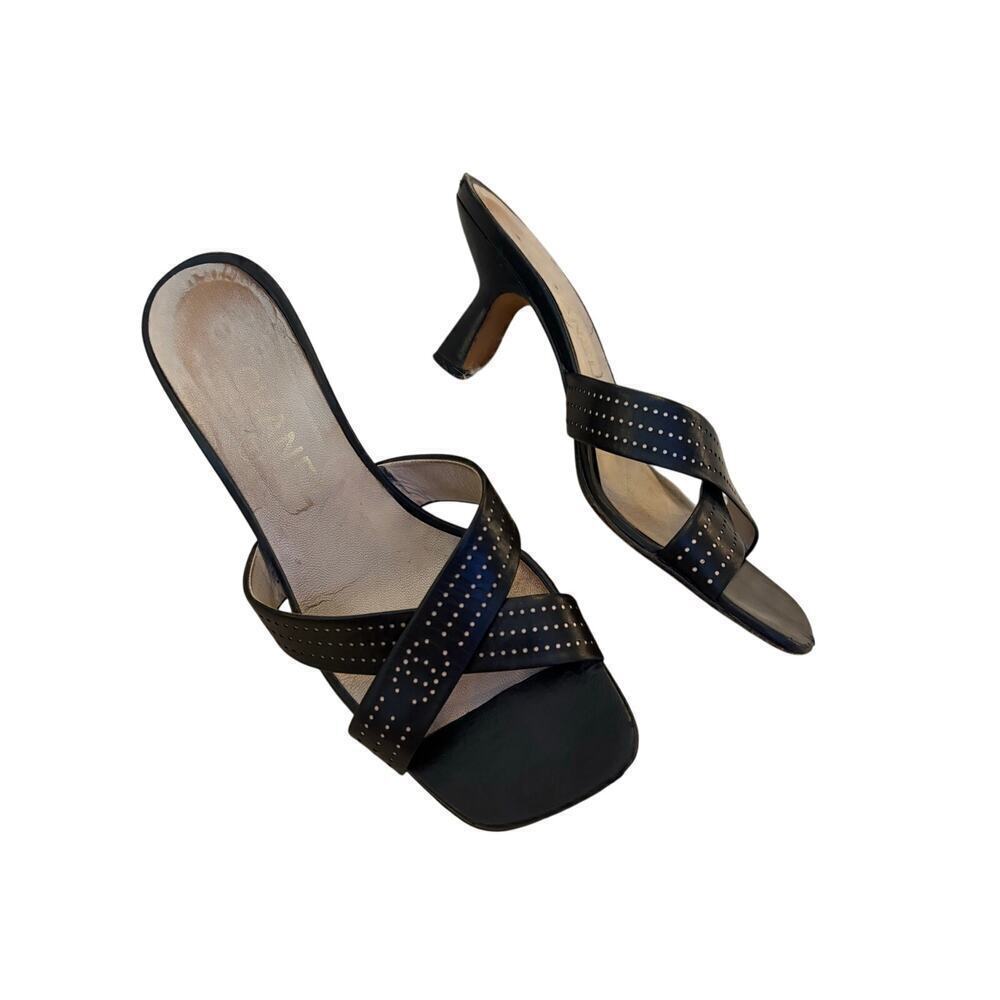 Chanel Black Leather Kitten Heel Slide Sandals 37 US 7 Cross Strap Mules CC Logo
